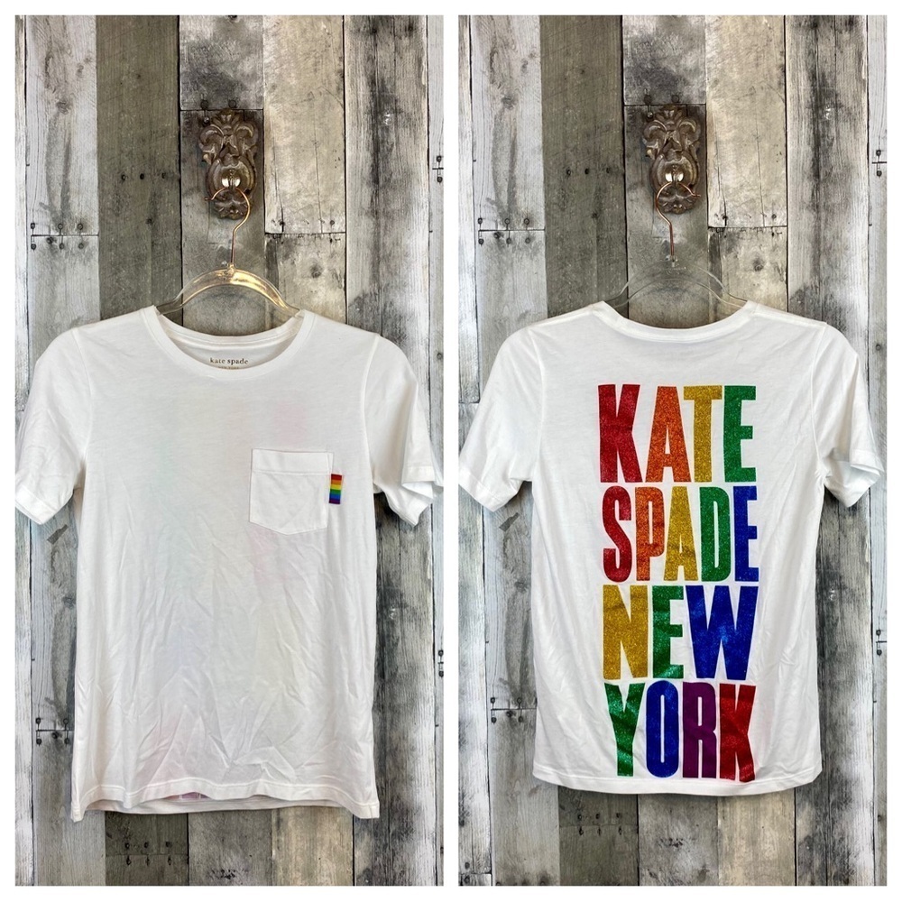 Kate Spade Rainbow Glitter Logo Tee in White Size XXS New! - Picture 9 of 12